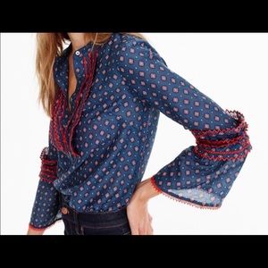 J Crew Embroidered Popover with Bell Sleeves